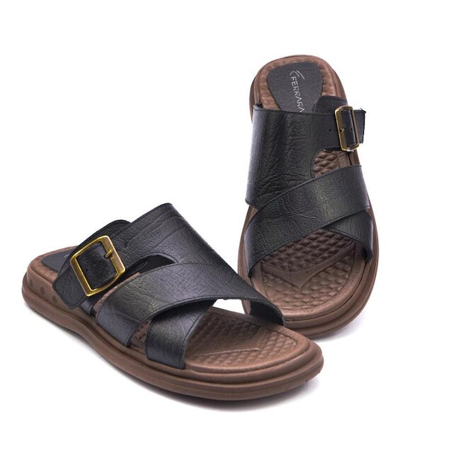 Sandália Slide Masculina C/fivela Couro Legítimo Confortável