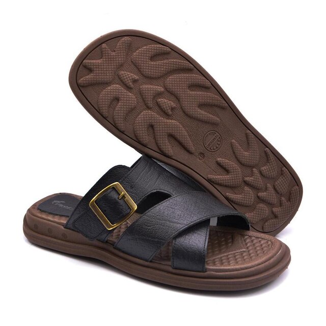 Sandália Slide Masculina C/fivela Couro Legítimo Confortável