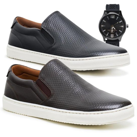 Sapatenis Alpargatas Iate Masculino Couro legitimo Costurado + Relógio - Preto+Marrom Menor preço em Sapatenis Alpargatas Iate Masculino Couro legitimo Costurado + Relógio - Preto+Marrom