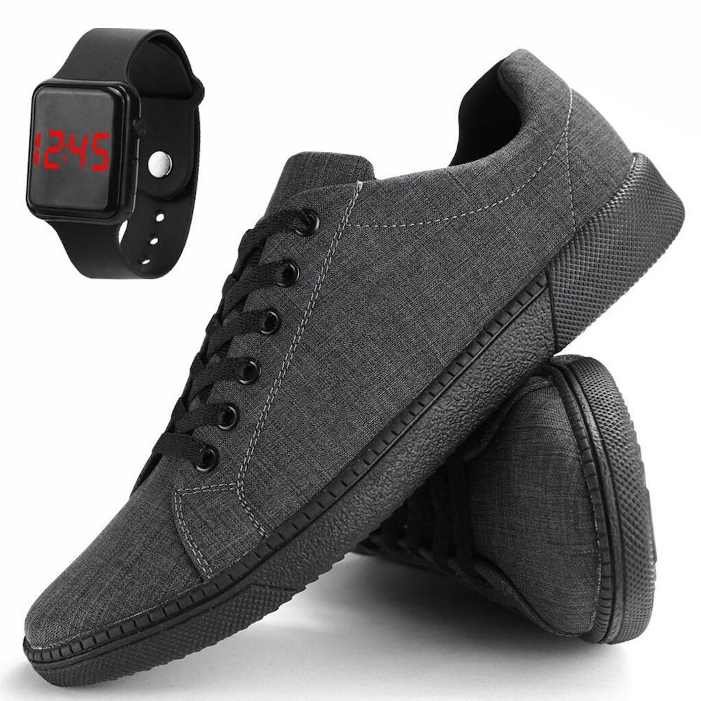 Sapatênis Casual Lona Masculino Com Cadarço + Relógio Digital
