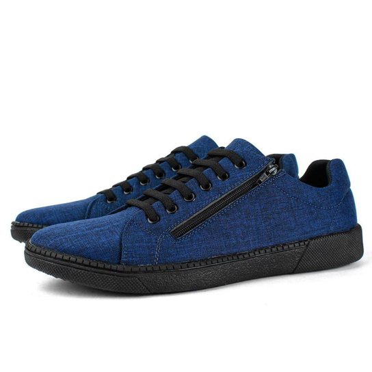 Sapatênis Casual Masculino Detalhe Zíper com Cadarço e Sola Reta Costurada - Azul Menor preço em Sapatênis Casual Masculino Detalhe Zíper com Cadarço e Sola Reta Costurada - Azul