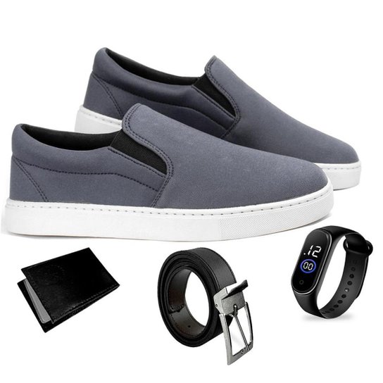 Sapatênis Casual Slip On Masculino Yate Carteira + Cinto e Relogio - Cinza Menor preço em Sapatênis Casual Slip On Masculino Yate Carteira + Cinto e Relogio - Cinza