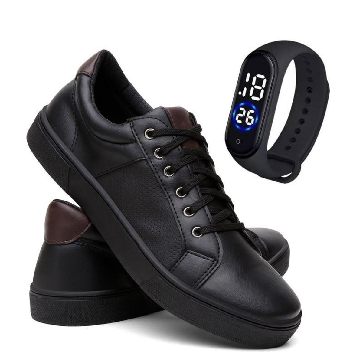 Sapatenis Masculino Couro Legitimo + Relógio Pulso Led Menor preço em Sapatenis Masculino Couro Legitimo + Relógio Pulso Led