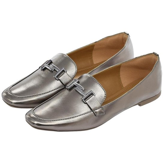 Sapato Feminino Mocassim Donatella Shoes Bico Quadrado Confort - Prata Menor preço em Sapato Feminino Mocassim Donatella Shoes Bico Quadrado Confort - Prata