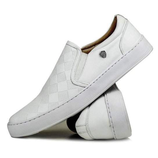 Sapato Mocassim Iate Casual Masculino Couro Confort Xadrez - Branco Menor preço em Sapato Mocassim Iate Casual Masculino Couro Confort Xadrez - Branco