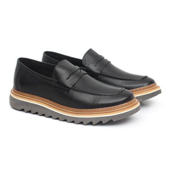 Sapato Oxford Masculino Loafer Tratorado Couro Premium Liso - Preto Menor preço em Sapato Oxford Masculino Loafer Tratorado Couro Premium Liso - Preto