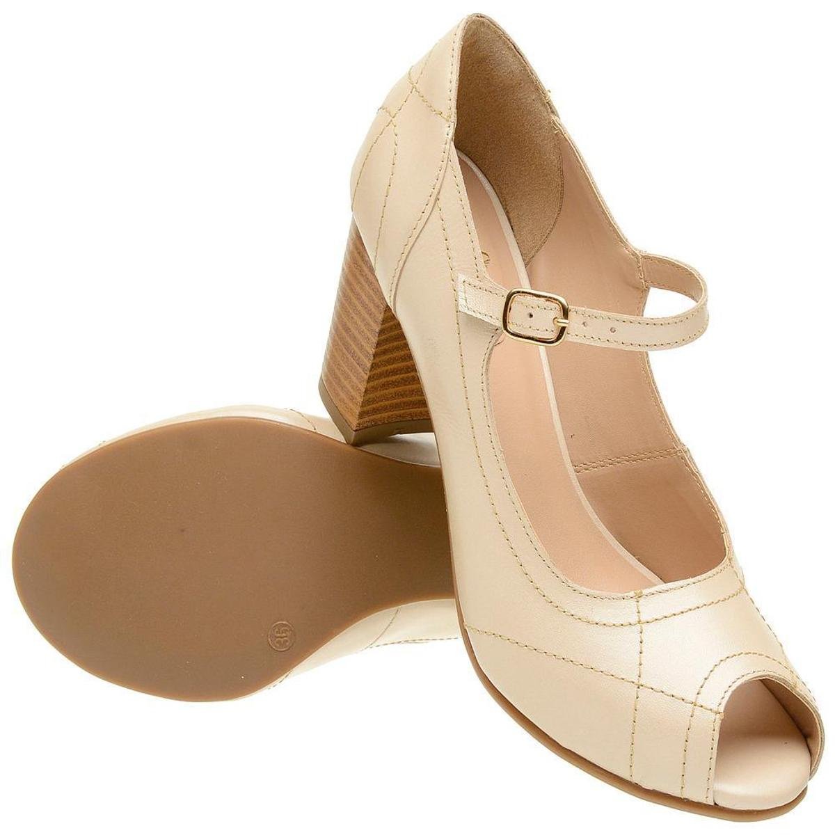 Sapato Peep Toe Couro Legítimo - Bege | Netshoes