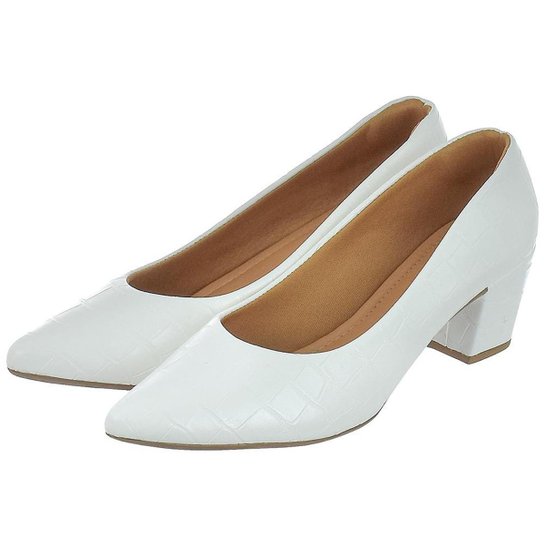 Sapato Scarpin Feminino Bico Fino CM Calçados Confort Napa Liso Croco Verniz - Branco Menor preço em Sapato Scarpin Feminino Bico Fino CM Calçados Confort Napa Liso Croco Verniz - Branco