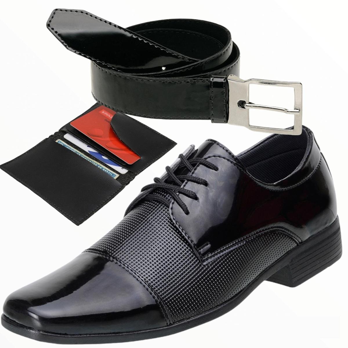 sapato social masculino com kit cinto em couro mais carteira em couro -  Preto | Netshoes
