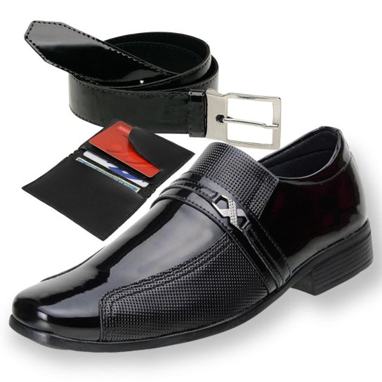 sapato social masculino preto acompanha cinto de couro e carteira de couro - Preto Menor preço em sapato social masculino preto acompanha cinto de couro e carteira de couro - Preto