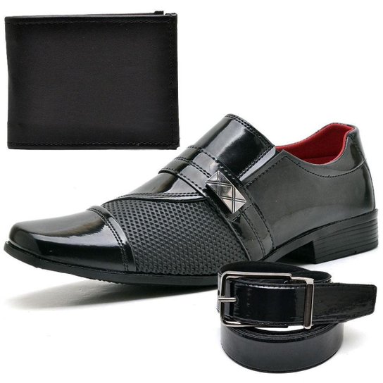 Sapato Social Masculino Verniz Kit Cinto + Carteira - Preto Menor preço em Sapato Social Masculino Verniz Kit Cinto + Carteira - Preto