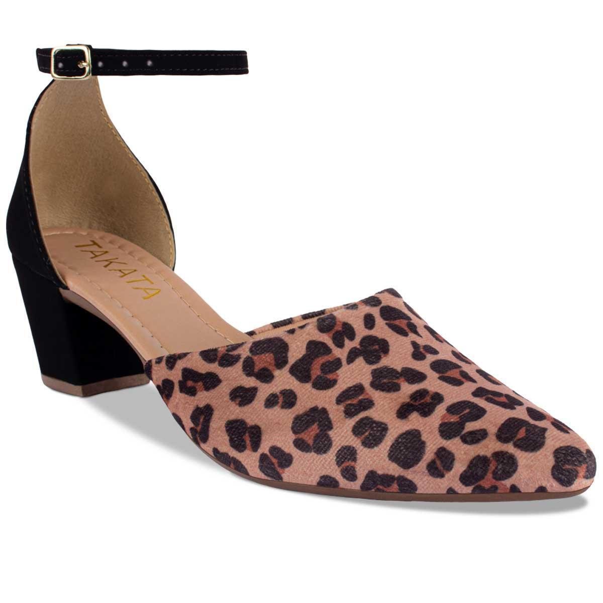 Scarpin Feminino Salomé Salto Grosso Animal Print B Onça