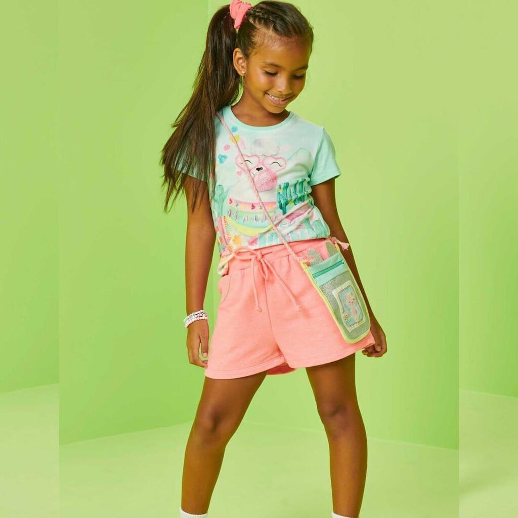 Short em Moletom Comfy Rosa Neon Tam 2 a 14 - Kukiê