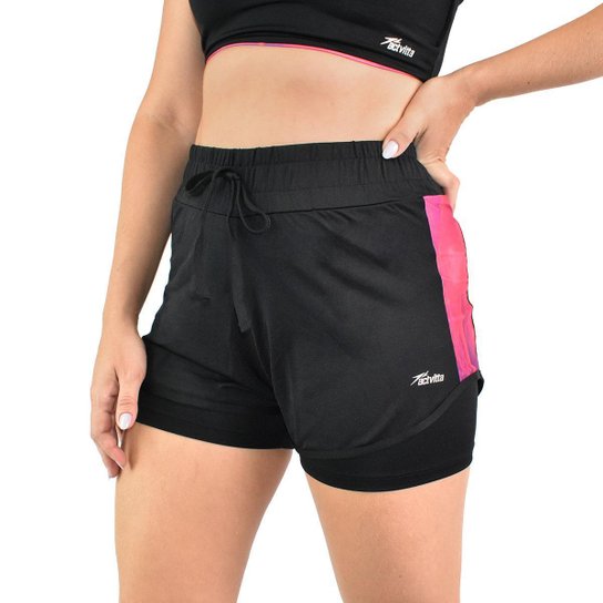 Short Feminino Activitta Esportivo Treino Confortável Preto Fúcsia (PRETO-FUCSIA GG)
