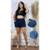Short Feminino Listrado Viscolycra Liso Soltinho Confortável - Azul