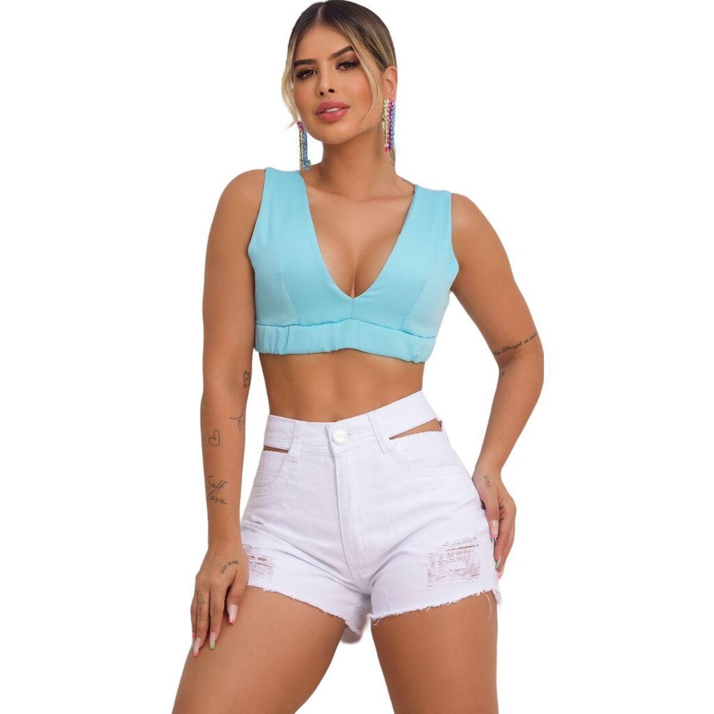 Short Jeans Feminino Aberturas Laterais e Paite