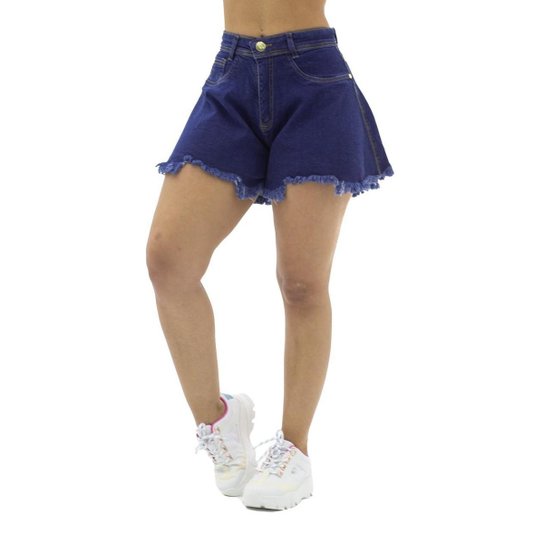 Short Jeans Godê com Barra Desfiada Sal e Pimenta - Azul Menor preço em Short Jeans Godê com Barra Desfiada Sal e Pimenta - Azul
