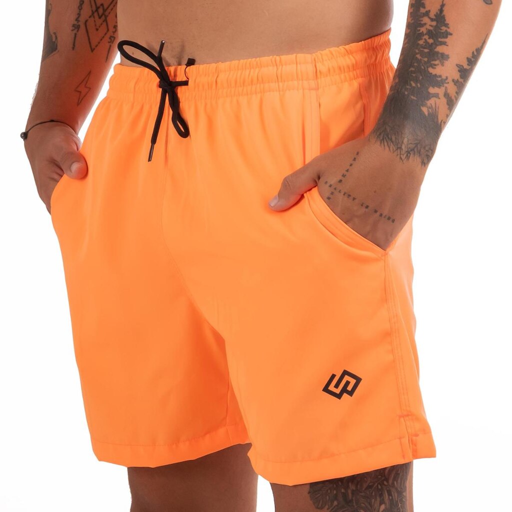 Short Praia Elastano Laranja Neon Liso Masculino Premium