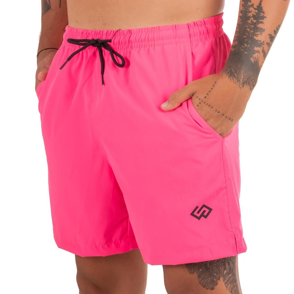 Short Praia Elastano Rosa Pink Neon Liso Masculino Premium