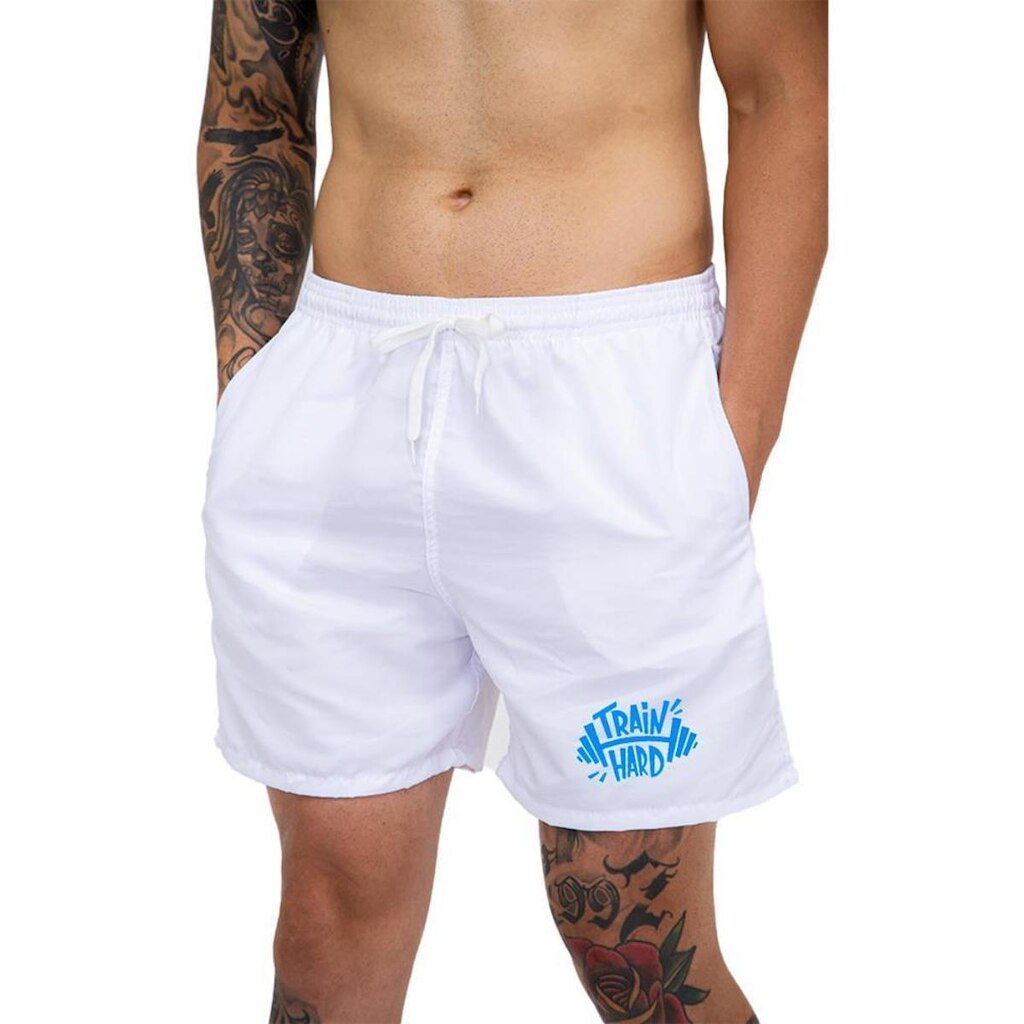 Short Praia Masculino Branco Train Hard Bermuda Casual