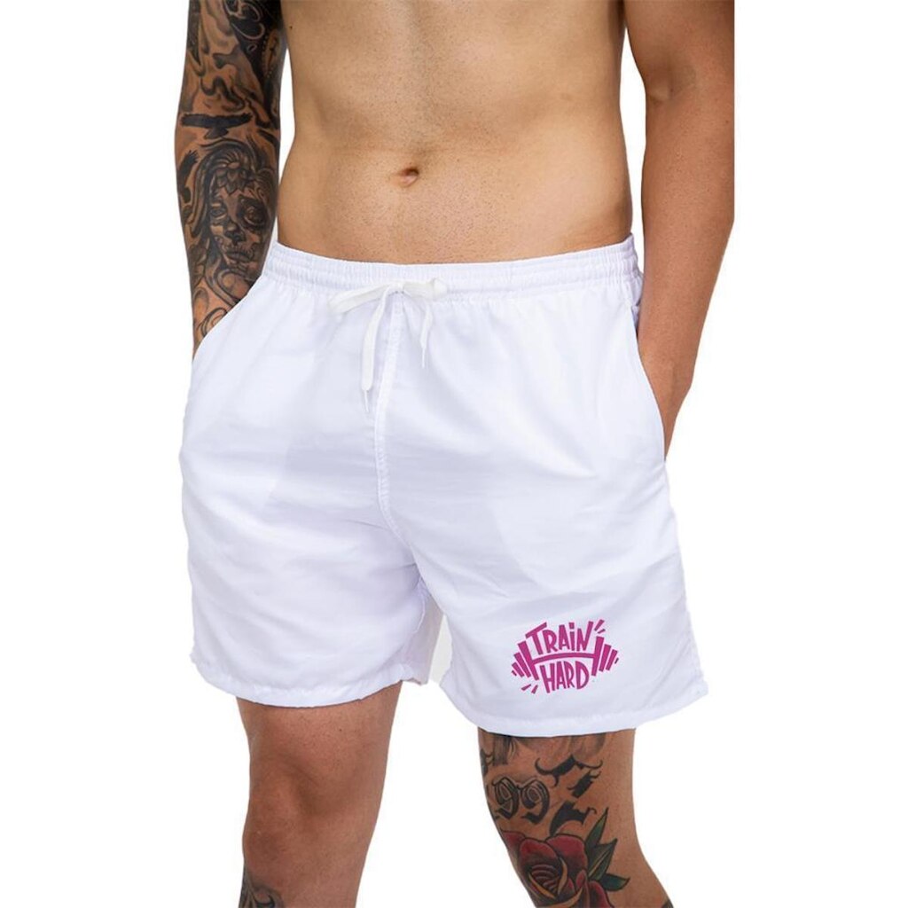 Short Praia Masculino Branco Train Hard Bermuda Casual