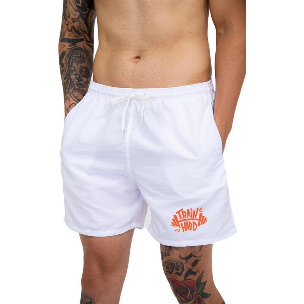 Short Praia Masculino Branco Train Hard Bermuda Casual