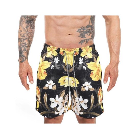 Short Tactel Masculino de Praia Clube Pisicina Santa Fé Seca Rápido Estampado - Preto+Amarelo Menor preço em Short Tactel Masculino de Praia Clube Pisicina Santa Fé Seca Rápido Estampado - Preto+Amarelo