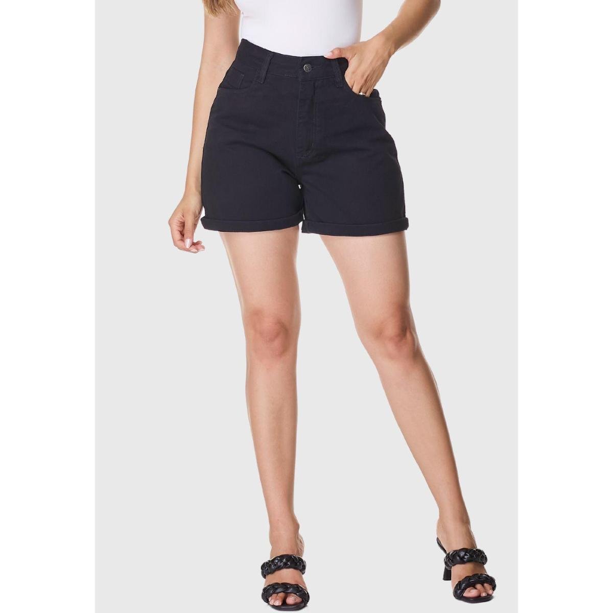 Shorts Basico Feminino Mom Cintura Alta Em Sarja