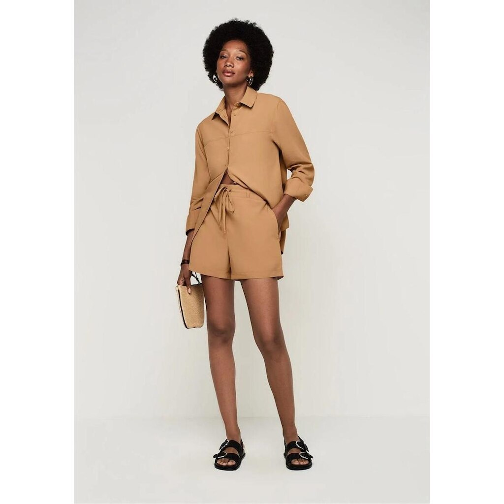 Shorts Dzarm Evasê Cintura Alta Em Viscose Com Linho