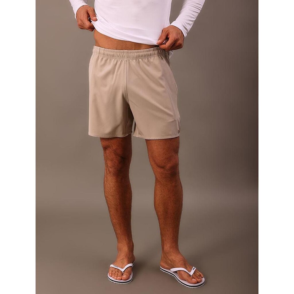 Shorts Elastico Liso Com Logo Lateral - Caqui Claro