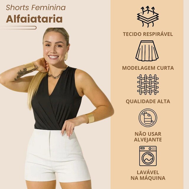 Shorts Feminino de Alfaitaria Social Fecho Invisível Elegante Plissado Modelagem Curta Cintura Alta