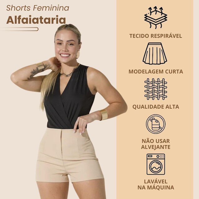 Shorts Feminino de Alfaitaria Social Fecho Invisível Elegante Plissado Modelagem Curta Cintura Alta