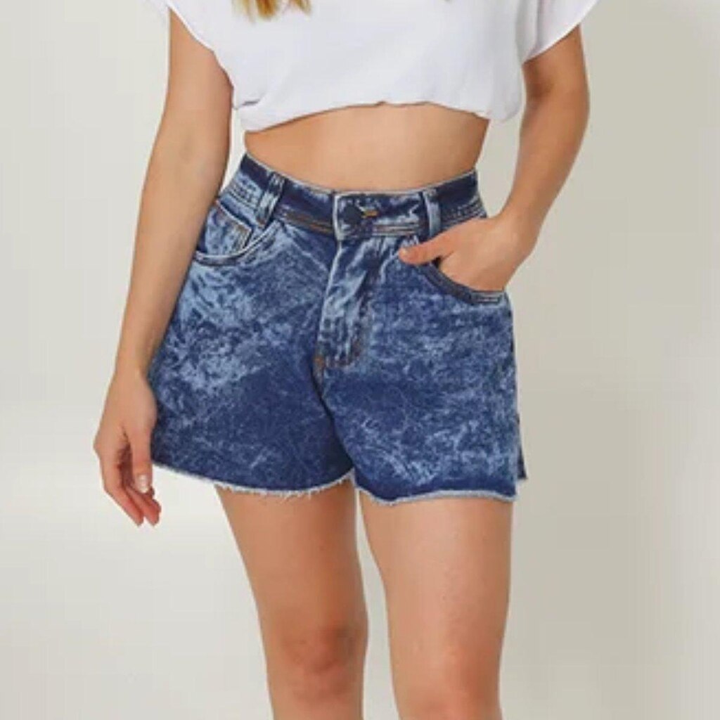 Shorts Feminino Jeans Godê Babaloo Destroyed Bermuda Cintura Alta Barra Desfiada Lycra Elastano