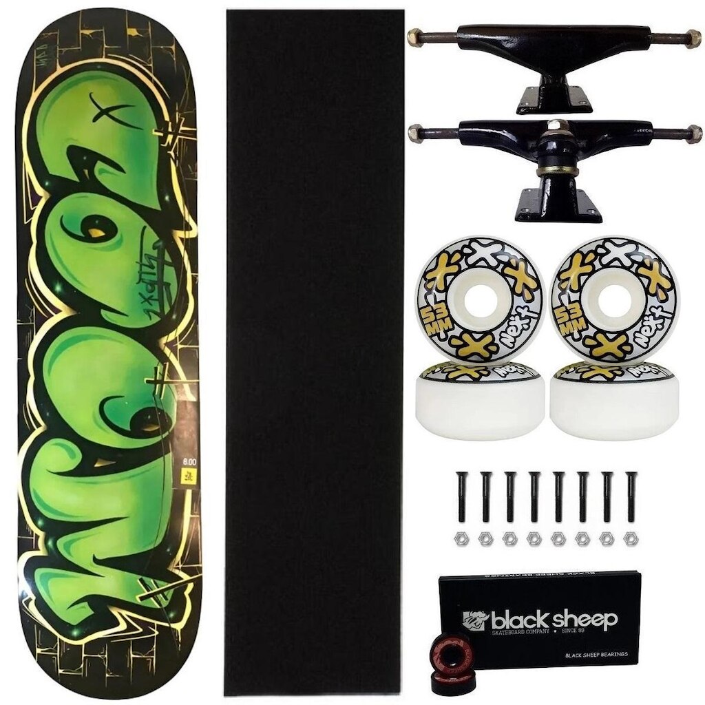 Skate Wood Light Maple Montado 8.0 Grafitado Verde Roda Next