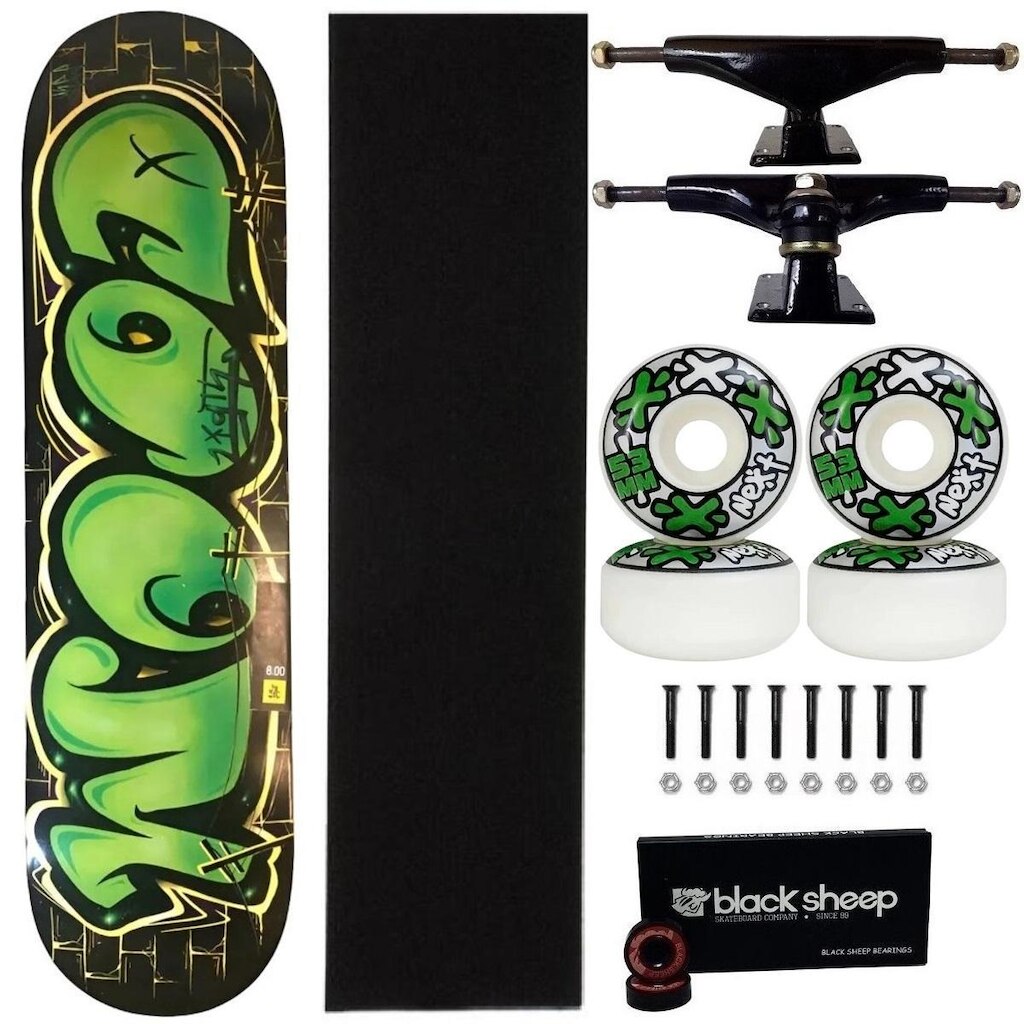 Skate Wood Light Maple Montado 8.0 Grafitado Verde Roda Next