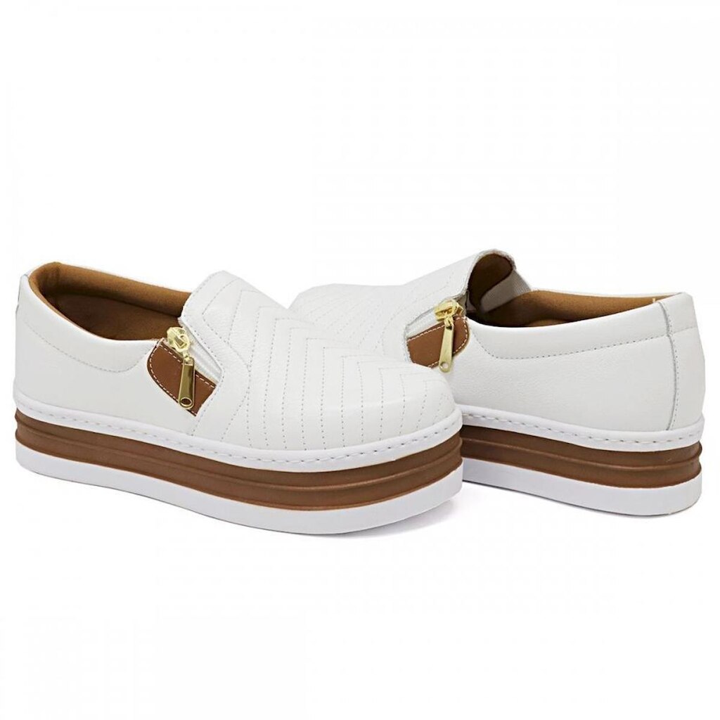 Slip On Casual em Couro Feminino com Ziper Costura e Sola Plataforma Alta