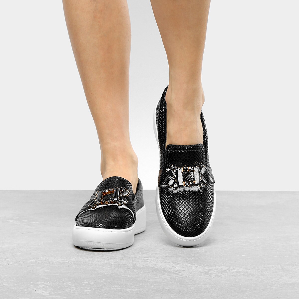 Slip On Preto Pedraria Lurex Flatform | Só Mais Um Shoes