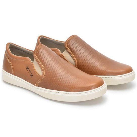 Menor preço em Slip On Masculino Iate Couro Tênis Sapatênis Sem Cadarço Elástico Calce Fácil Confortável - Caramelo