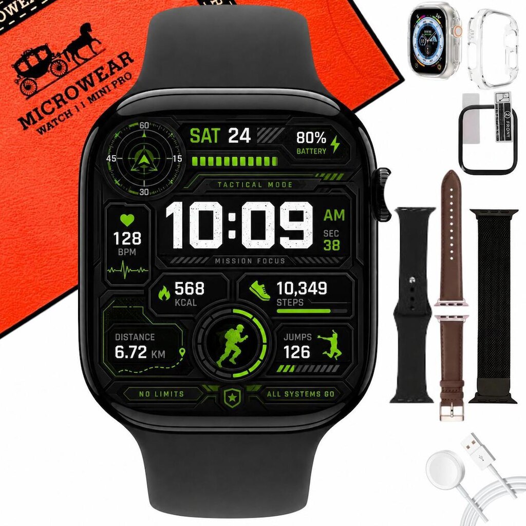 Smartwatch Relogio W11 Mini Pro Tela Amoled 1Gb Responde Whatzz Kit 3 Pulseiras Pelicula E Case