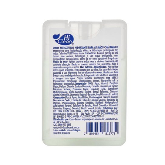 Spray Antisséptico para as Mãos Hi Clean Hidratante Chá Branco 20ml - Branco