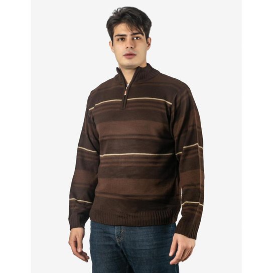Suéter de Lã Masculino Gola Alta c/ Zíper - Marrom - Marrom Menor preço em Suéter de Lã Masculino Gola Alta c/ Zíper - Marrom - Marrom