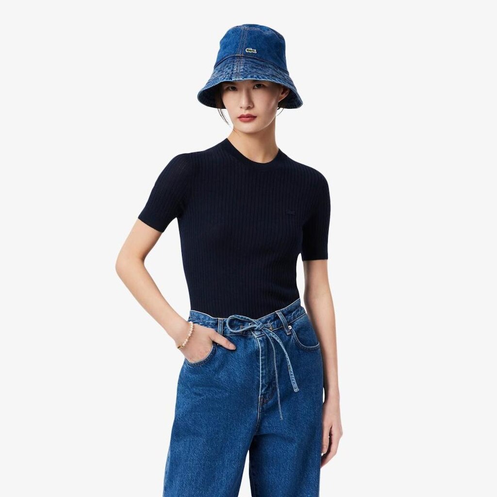 Suéter de Malha Canelada de Lã Merino de Mangas Curtas Lacoste Feminina