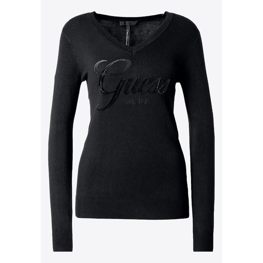 Suéter de Tricot Guess Dec V Bordado E Hot Fix Preto