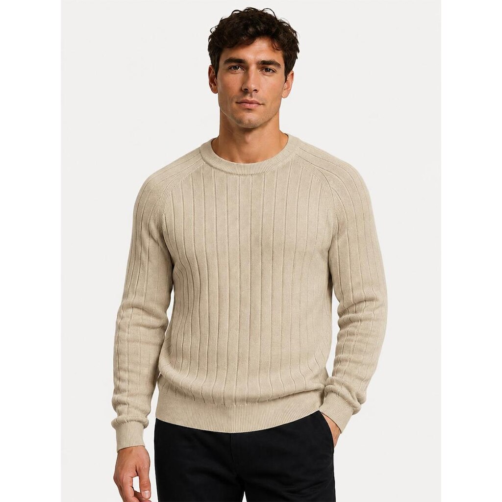Suéter Dixen Masculino Tricot Manga Longa Texturizada Vertical Cáqui