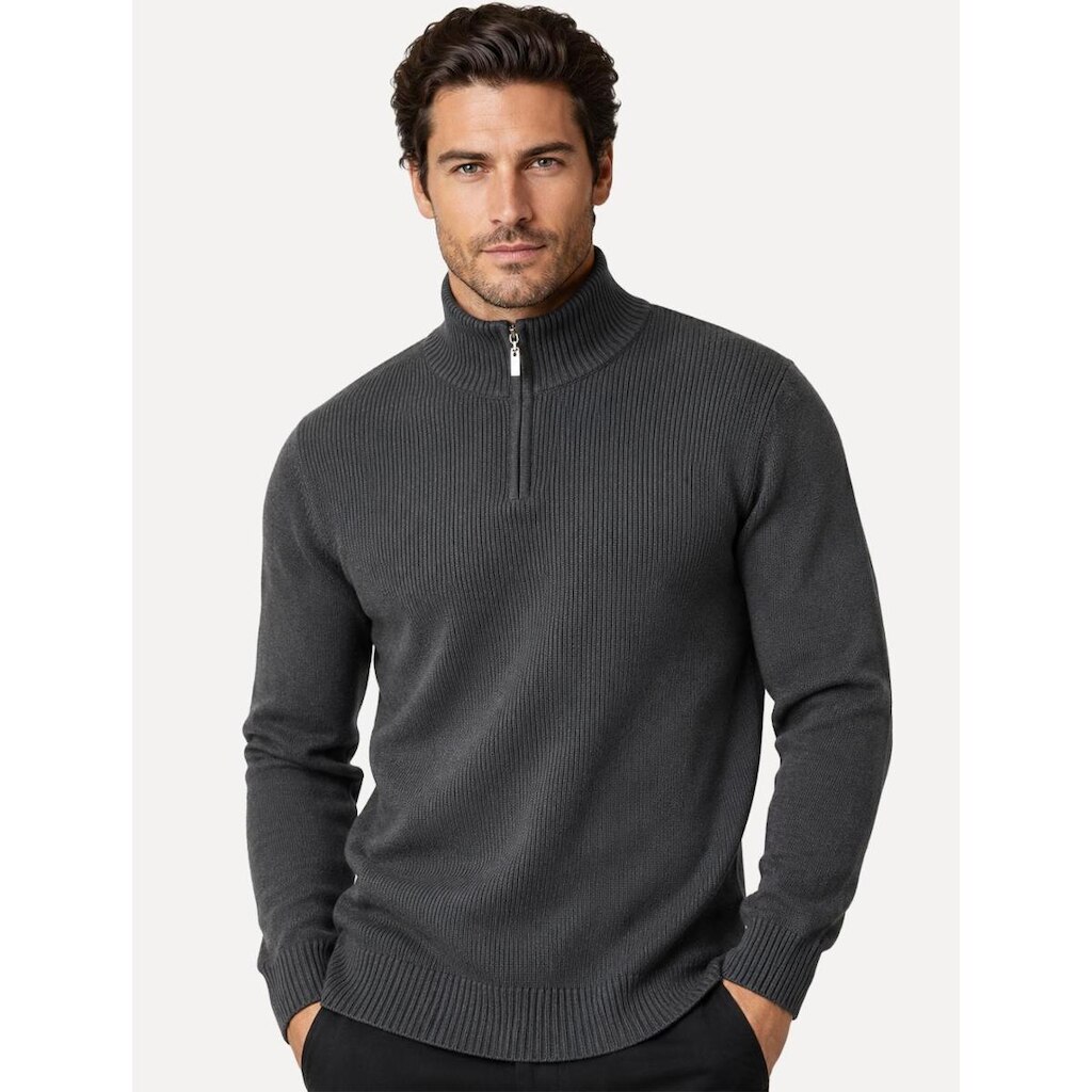 Suéter Dixen Masculino Tricot Straights Half-Zip Gola Alta Cinza Chumbo