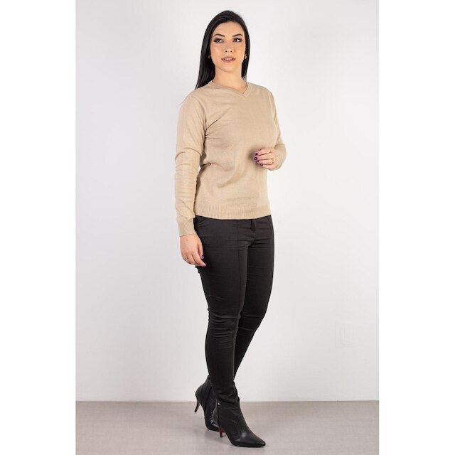 Suéter feminino de malha gola V 60004 - P - Bege