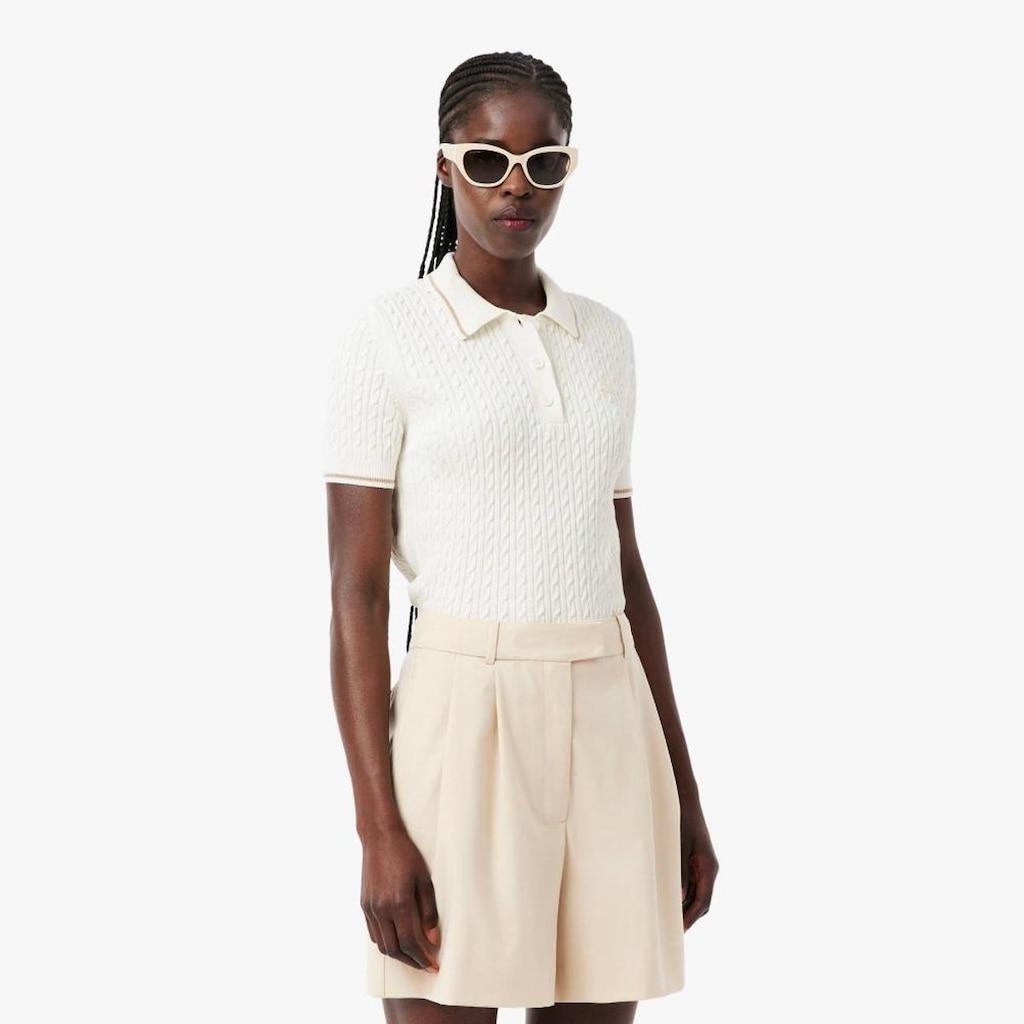 Suéter Lacoste Tricotado Em Tranças Com Gola Polo Listrada Feminino