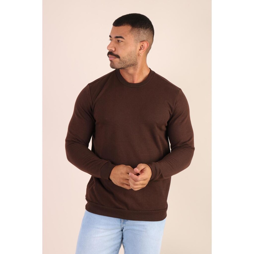 Suéter Masculino Canelado Manga Longa Slim Jacquard Marrom