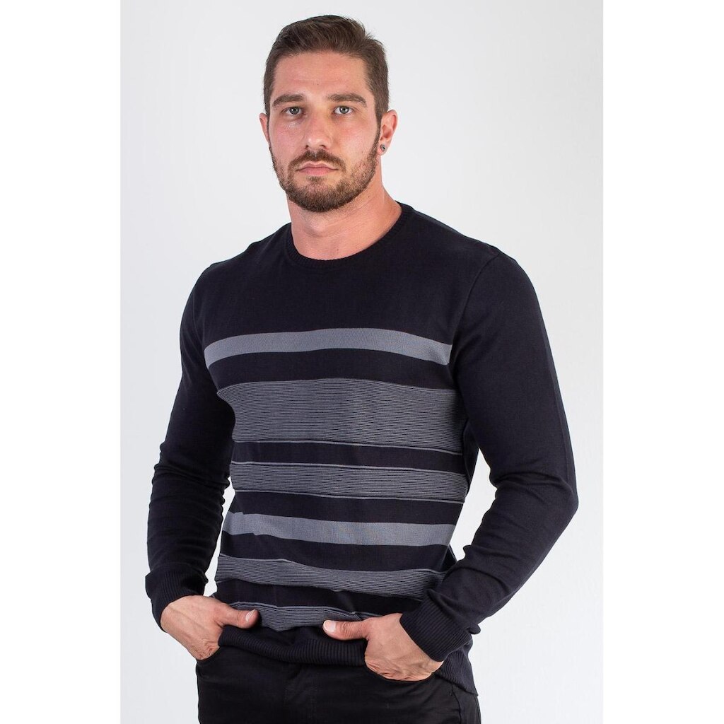 Suéter masculino de malha com listras 50004 - G - Azul marinho