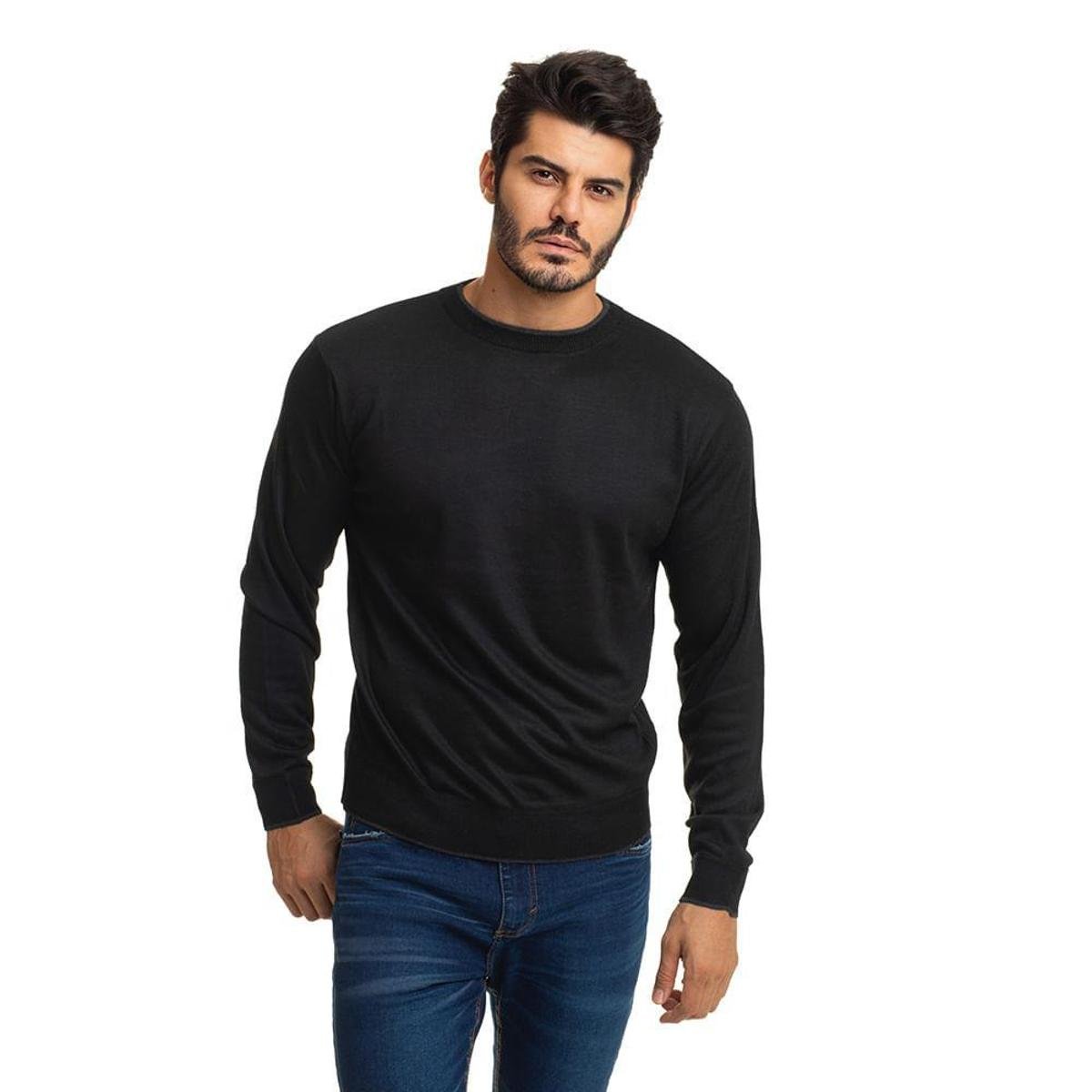Suéter Masculino Tricô Premium Casual Lisa Gola Redonda Preto Emporio Alex Menor preço em Suéter Masculino Tricô Premium Casual Lisa Gola Redonda Preto Emporio Alex